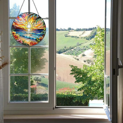 Beach Sunset Sun Catcher Stained Glass Window Hanging 6'', Beach Lovers Gifts for Women Kitchen Decor Landscape Decoration for Home Garden Housewarming Gifts