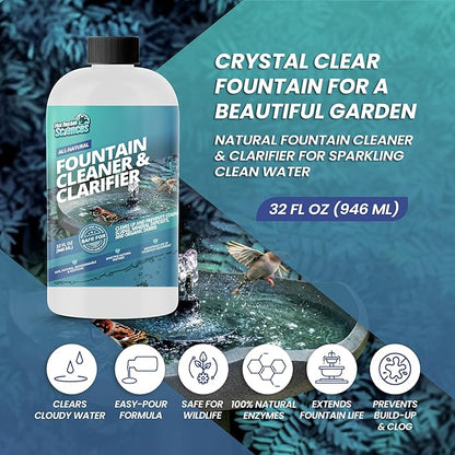 32oz Water Fountain Cleaner - Cleans 80 Gallons of Water, Bird Bath Cleaner Safe for Birds and Wildlife, Ideal for Indoor & Outdoor Use - Prevents Dirt Build-Up and Clog, Safe for Stone, Metal & More