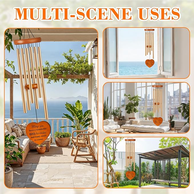 60th Birthday Gifts for Women, 25.5" Aluminum Wind Chimes for Outside with Heart Catcher, Unique Birthday Gifts for Mom, Grandma, Sister, Wife & Friend, Soothing Tone Wind Chime for Home Decor