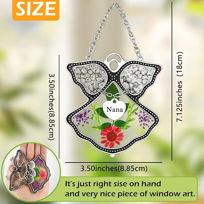 KY&BOSAM Angel Suncatcher Nana Stained Glass for Windows Hangings Wind Chime Home Decor with Pressed Drived Flower in Glass and Metal Charm Birthdays Gifts for Nana Mothers Day Valentines Christmas