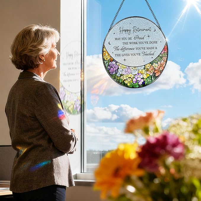 8” Stained Glass Suncatcher Ornament – Floral Retirement Window Hanging Decorations, Retirement Gifts & Retired Gifts for Women, Men, Friends, Coworkers, Teachers - Style F