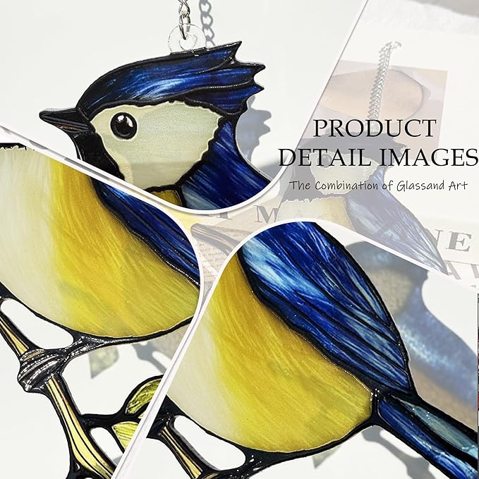 Birds on a Branch Stained Glass, Robin Bird Suncatchers Windows, Bird Suncatcher for Patio/Mom/Window (Blue)