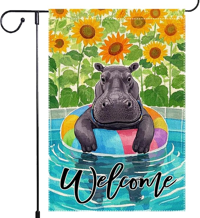 Sunflowers Garden Flag Swimming hippo Welcome Summer Garden Flags Vertical Double Sided Small Burlap Enjoy a Holiday Lawn Yard Outdoor Decorations