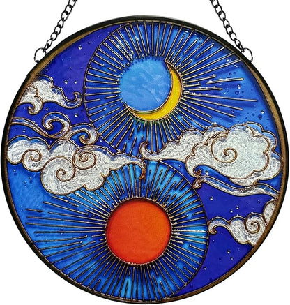 Stained Glass Window Hanging Sun Moon and Cloud Suncatcher - Handmade Stained Glass Suncatchers Hanging with Chain and Hook - Outdoor Garden Decor Housewarming Gift for Christmas and Thanksgiving
