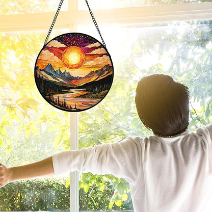 DASTOLL Stained Glass Window Hanging, Dusk Sunset Landscape Sun Catchers Glass Panel Lakes and Mountains Suncatcher Decor for Birthday for Women, Men, Wife, Aunt, and Mom 7.8 in