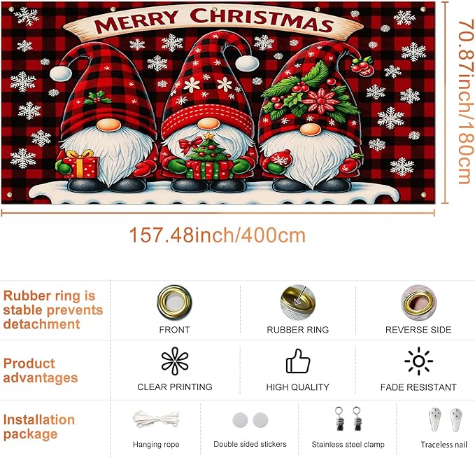 IVN Christmas Garage Door Cover Decoration 13x6ft Gnome Pattern Red Backdrop Gift Snowflakes and Stars Merry Christmas Garage Door Banner Home Door Front Yard Decor for Xmas Eve Holiday Outdoor