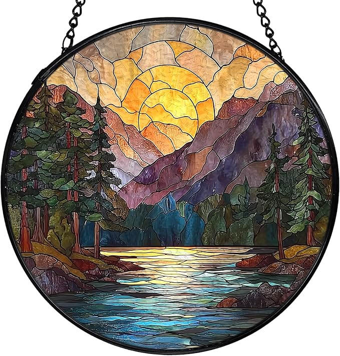 Mountain Sunset Suncatcher Stained Glass Window Hanging, Nature Mountain Landscape Sun Catchers Indoor Window Glass Wall Art Decor, Nature Wall Hanging Decor, 7.9x7.9 Inch 044-MH-BLGH