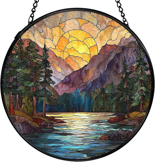 Mountain Sunset Suncatcher Stained Glass Window Hanging, Nature Mountain Landscape Sun Catchers Indoor Window Glass Wall Art Decor, Nature Wall Hanging Decor, 7.9x7.9 Inch 044-MH-BLGH