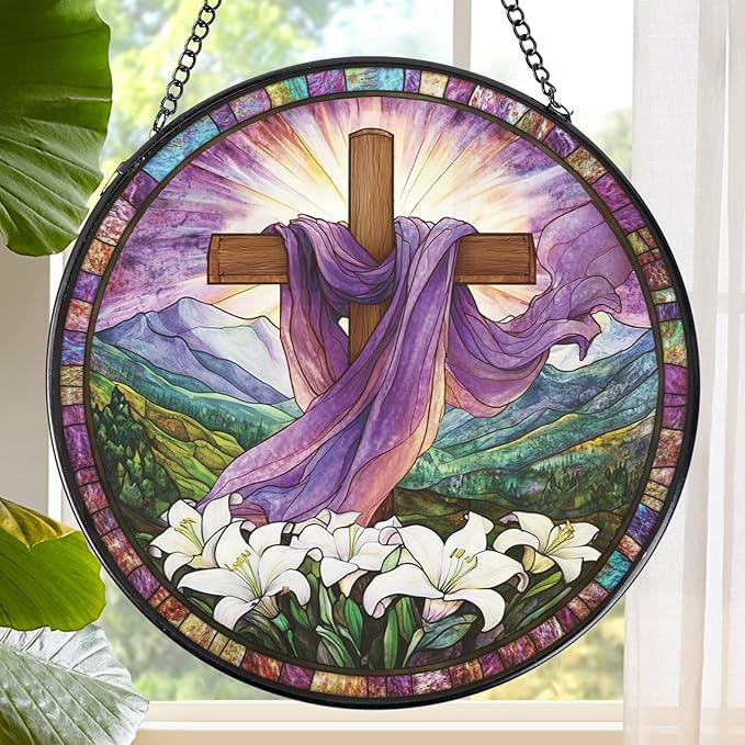 Rngmsi Cross Stained Glass Window Hanging Gift for Women, Purple Cross Wildflowers Sun Catchers Indoor Window Gifts for Men Grandma, Christmas Stained Glass Ornament Decor for Garden (7.87*7.87inches)