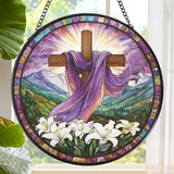 Rngmsi Cross Stained Glass Window Hanging Gift for Women, Purple Cross Wildflowers Sun Catchers Indoor Window Gifts for Men Grandma, Christmas Stained Glass Ornament Decor for Garden (7.87*7.87inches)