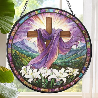 Rngmsi Cross Stained Glass Window Hanging Gift for Women, Purple Cross Wildflowers Sun Catchers Indoor Window Gifts for Men Grandma, Christmas Stained Glass Ornament Decor for Garden (7.87*7.87inches)