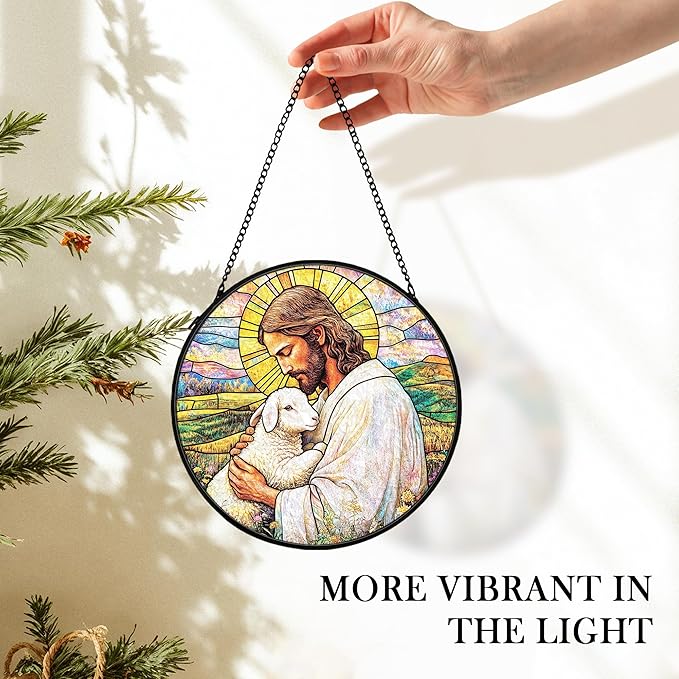 Christian Easter Jesus Lamb Suncatcher Stained Glass Window Hanging Wall Decor, Christian Easter Gifts for Women, the Lord is My Shepherd Sun Catchers Garden Lawn Window Hanging Art, 7.9x7.9In
