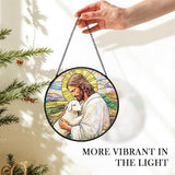 Christian Easter Jesus Lamb Suncatcher Stained Glass Window Hanging Wall Decor, Christian Easter Gifts for Women, the Lord is My Shepherd Sun Catchers Garden Lawn Window Hanging Art, 7.9x7.9In