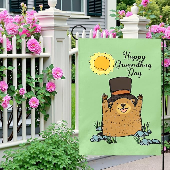 Happy Groundhog Day Garden Flag 12x18 Inch Double Sided Cute Groundhog with Top Hat and Sunshine Design Spring Outdoor Yard Flags Funny Holiday Porch Lawn Durable Banner for Home Garden Décor