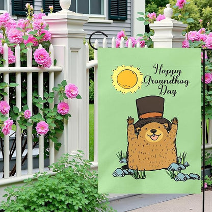 Happy Groundhog Day Garden Flag 12x18 Inch Double Sided Cute Groundhog with Top Hat and Sunshine Design Spring Outdoor Yard Flags Funny Holiday Porch Lawn Durable Banner for Home Garden Décor