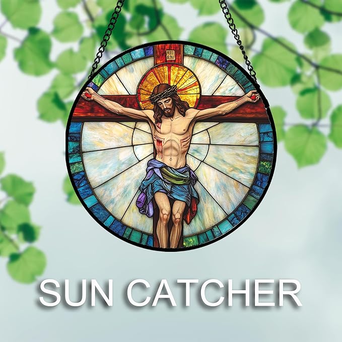 DASTOLL Christian Gifts for Women - Cross Passion of Jesus Stained Glass Window Hanging Easter Sun Catcher Garden Religion Decor Mother's Day Catholic Gift for Men Grandma Nana Her Mom 15"