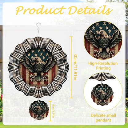Wind Spinner Hanging Outdoor Decor, 12 Inch 3D Bald Eagle American Flag Metal Kinetic Wind Spinners for Garden Yard Patio, Stainless Steel Laser Cut Art Gifts for Men Veterans Day Outdoor Decorations
