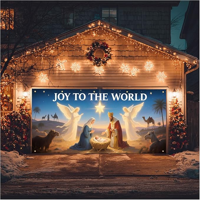 HOMETITUTE Christmas Garage Door Banner 13x6ft Joy to the World Nativity Scene Backdrop Banners for Outside Indoor Christmas Door Cover Garage Wall Covering for Party Garage Decorations
