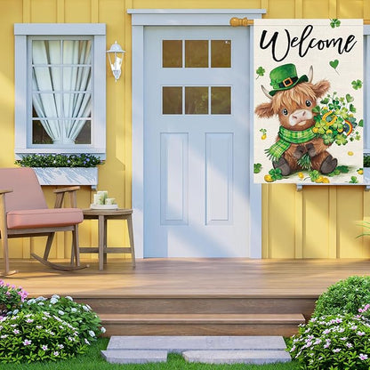 Heyfibro Welcome St. Patrick's Day Garden Flag 28x40 Double Sided Burlap, Highland Cow with Shamrock Bouquet & Green Plaid Scarf Yard Flag for Spring Seasonal Irish Farmhouse Outdoor Decor(ONLY FLAG)
