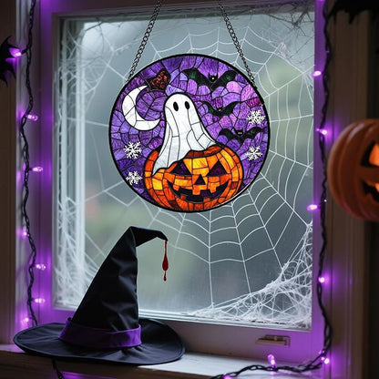 Stained Glass Window Hanging Halloween Horror Pumpkin 7.8" - Suncatcher Door Garden Sunroom Gothic Style Ghost Bat Sun Catcher Birthday for Friend Mom Men Woman Nana
