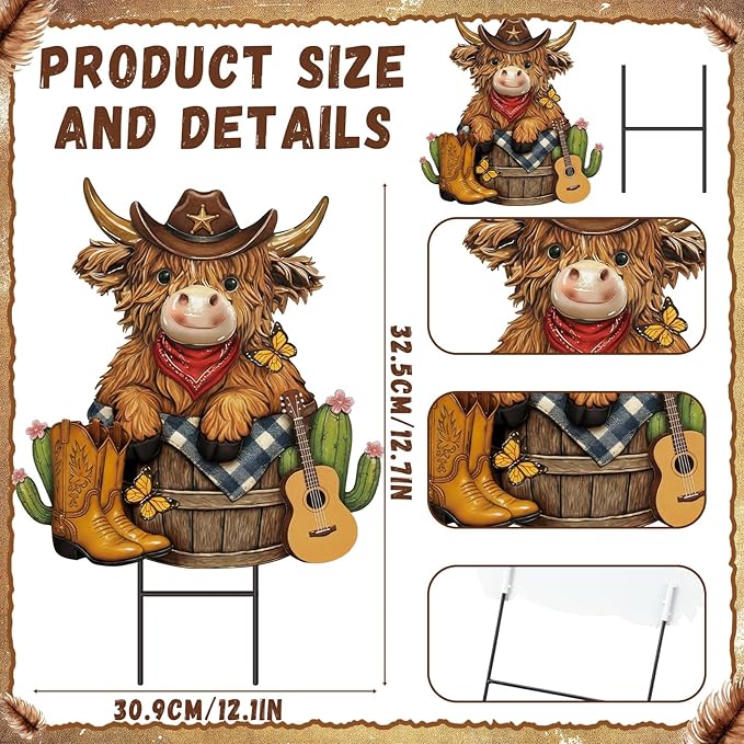 Amyhill Western Cowboy Highland Cow Outdoor Decor Cow Metal Garden Stakes Decorative Western Highland Calf Lovers Yard Signs with Stakes for Farmhouse Wild West Holiday Garden Lawn Decor