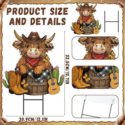 Amyhill Western Cowboy Highland Cow Outdoor Decor Cow Metal Garden Stakes Decorative Western Highland Calf Lovers Yard Signs with Stakes for Farmhouse Wild West Holiday Garden Lawn Decor