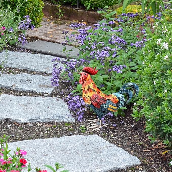 Rooster Garden Statue,12 in 2D Graphic Design Metal Rooster Decor Garden Statue with Stakes,Standing Small Metal Chicken Yard Decor Figurines,Patio Backyard Lawn Home Chicken Sculpture(Not 3D)