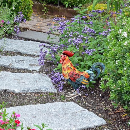 Rooster Garden Statue,12 in 2D Graphic Design Metal Rooster Decor Garden Statue with Stakes,Standing Small Metal Chicken Yard Decor Figurines,Patio Backyard Lawn Home Chicken Sculpture(Not 3D)