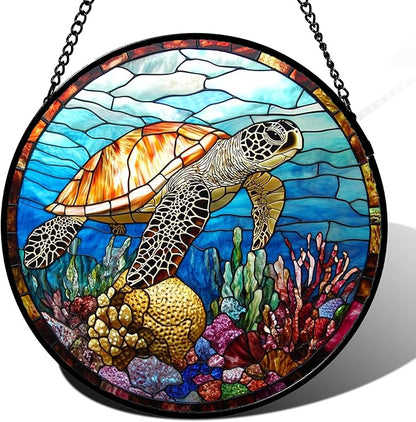 Stained Glass Window Hanging Blue Sea Ocean Coral Turtle 7.8" - Suncatcher Door Garden Sunroom Sun Catcher Home Decor Birthday Christmas for Mom Men Woman Nana
