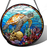 Stained Glass Window Hanging Blue Sea Ocean Coral Turtle 9.8" - Suncatcher Door Garden Sunroom Sun Catcher Home Decor Birthday Christmas for Mom Men Woman Nana