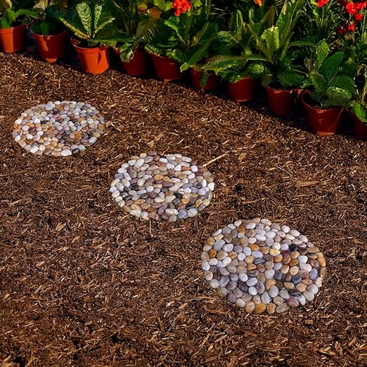 Natural River Rock Stepping Stones for Garden Walkway - Round Pebble Paver Mats with Mesh Backing - Decorative Outdoor Pathway Stones for Lawn, Backyard, Patio, and Landscaping (6 Pack, 9 Inch)