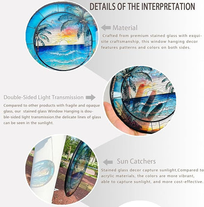 RIVEENY Blue Ocean Sunset Glass Window Hanging Decor,8" Stained Glass Sun Catcher Hanging Decoration with Metal Chain-Sun Catchers for Window Decor Outdoor Garden Decor Gift (Oceans)