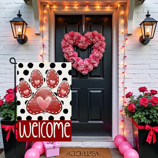 Valentines Garden Flag 12x18 Inch, Paw Print Heart Double Sided Flag for Anniversary Wedding Yard Outdoor Decoration