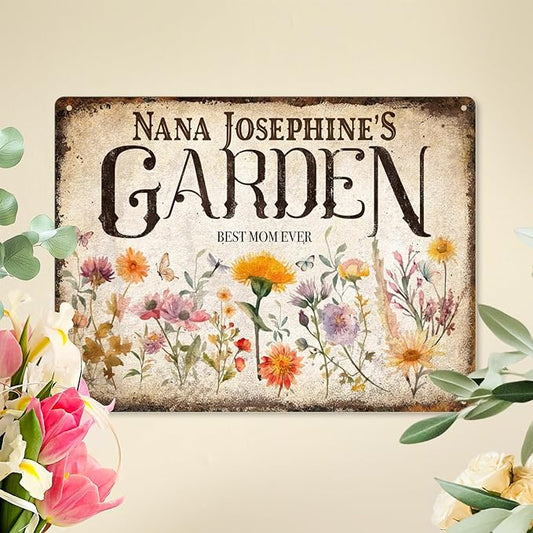 Custom Garden Signs Personalized Metal Tin Sign for Women, Retro Hummingbird Metal Sign for Outdoor, Patio, Yard Home Decor Gift for Mothers Day, Grandmas, and Gardening Lovers (For MOM 02)