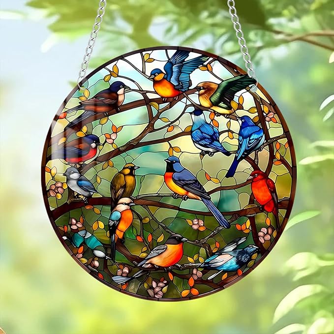 Stained Glass Window Hanging Suncatcher – Paint Cardinal & Hummingbird Panel, Round Glass Ornament, Birds on a Branch Nature Decor, Colorful Gift for Bird Lovers, Family, and Friends 5.9x5.9 in