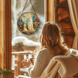 Virgin Mary Religious Suncatcher Garden Stained Glass Window Hanging, Our Lady of Grace Sun Catchers Indoor Window Glass Round Wall Decor, Religious Wall Art Hanging Decorations, ＂7.8x7.8＂