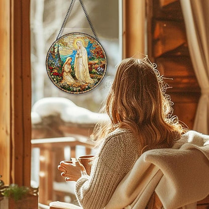 Virgin Mary Religious Suncatcher Garden Stained Glass Window Hanging, Our Lady of Grace Sun Catchers Indoor Window Glass Round Wall Decor, Religious Wall Art Hanging Decorations, ＂7.8x7.8＂
