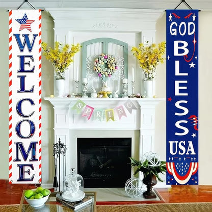 BlissYard 2Pcs Welcome Patriotic Door Banner 4th of July Decorations American Banners Hanging Porch Signs Decor for Independence Memorial Day Veterans Labor Day for Yard Indoor Outdoor Supplies