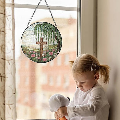 Stained Glass Cross Pink Roses Suncatcher Window Hanging, Easter Faith Christian Gifts Religious Home Decor, Weeping Willow Tree Wildflowers Stained Glass Decor for Friend, 7.9x7.9in