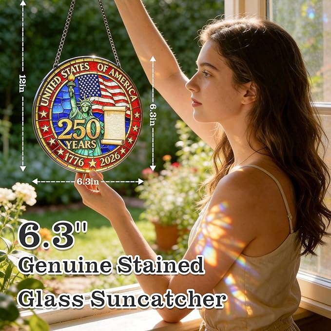 250th Anniversary USA Suncatcher - Patriotic Stained Glass Window Hanging for 4th of July Decorations - Vibrant Independence Day Decor for Home & Garden, Perfect 250 Anniversary USA Merchandise Gift