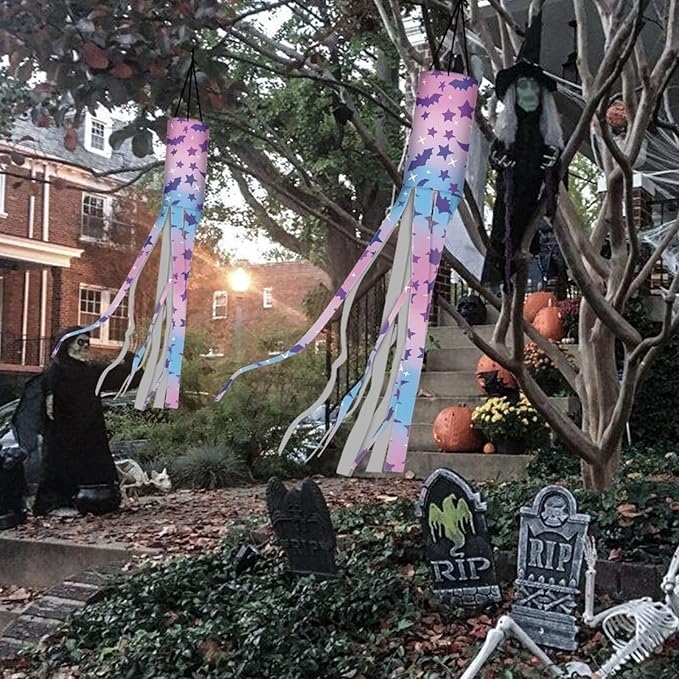 Halloween Bats Stars Windsock Hanging Flag Durable Fabric Polyester Wind Sock with Tails Patio Lawn Garden Tree Party Fall Thanksgiving Decoration