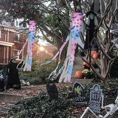 Halloween Bats Stars Windsock Hanging Flag Durable Fabric Polyester Wind Sock with Tails Patio Lawn Garden Tree Party Fall Thanksgiving Decoration