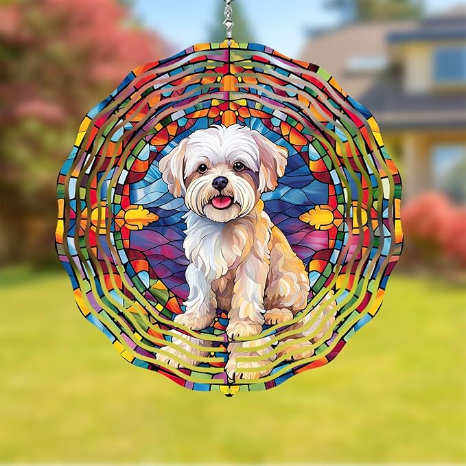 Maltese Dog Wind Spinner Pet Dog Memorial Gifts, Vibrant 3D Kinetic Aluminum Metal Yard Art, Loss of Dogs Sympathy Gifts, Hanging Outdoor Garden Decor, 8" Wind Sculptures for Patio, Porch (Maltese2)