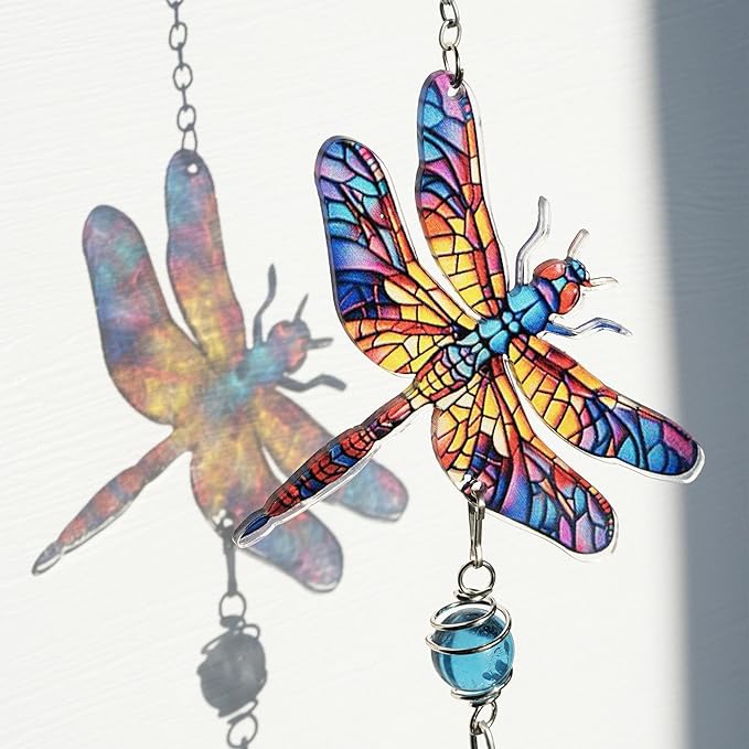 YU FENG 21" Dragonfly Wind Chimes for Outdoor Garden Patio – Colorful Metal with Crystal Suncatcher, Lucky Memorial Gift for Mom Grandma Women