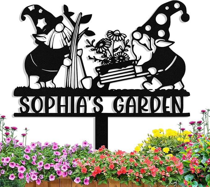 Personalized Metal Gnome Garden Signs with Stake, Custom Garden Signs for Outside Waterproof, Customized Name Sign Yard Lawn Gardens Decor Gardening Gifts for Moms Grandmas Gardeners