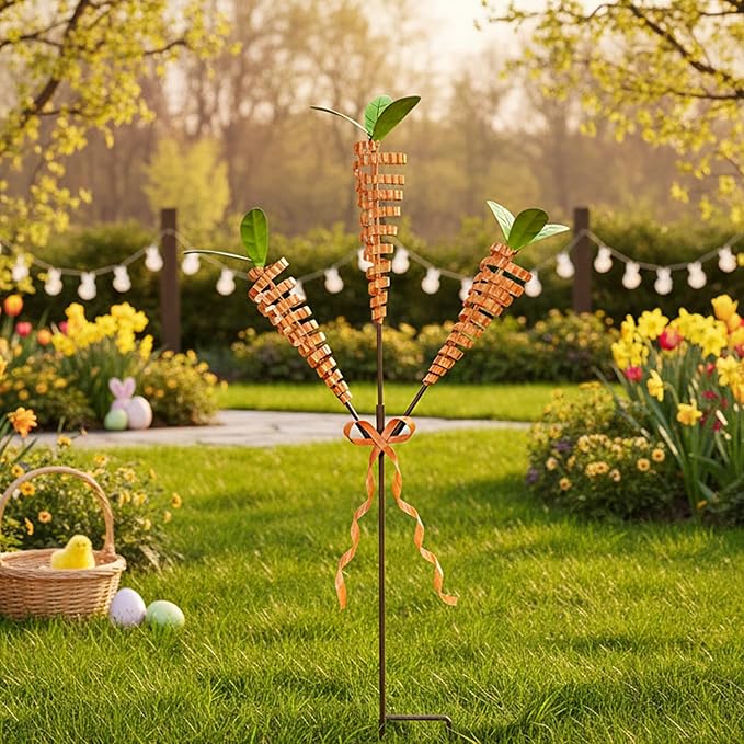 Easter Yard Stakes, 28-Inch 3-Head Carrot Metal Garden Stakes, Rust-Resistant Coiled Iron Wire Outdoor Decor, Spring Easter Decorations Outdoor for Garden, Lawn, Patio, Easter Outdoor Decor