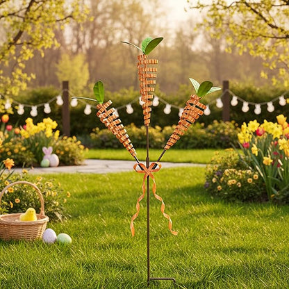 Easter Yard Stakes, 28-Inch 3-Head Carrot Metal Garden Stakes, Rust-Resistant Coiled Iron Wire Outdoor Decor, Spring Easter Decorations Outdoor for Garden, Lawn, Patio, Easter Outdoor Decor