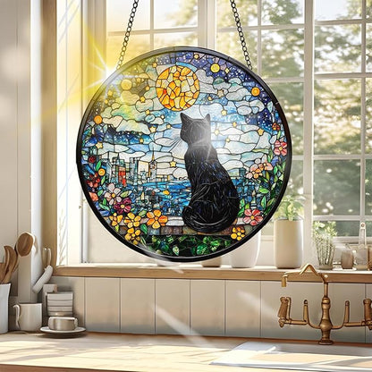 VAIIEYO Black Cat Sun Catcher Stained Glass Window Hanging Ornament, Handmade Sun Catcher Animal Decoration with Hooks for Window Garden Home, Christmas & Birthday Housewarming Gift (7.8 inch)