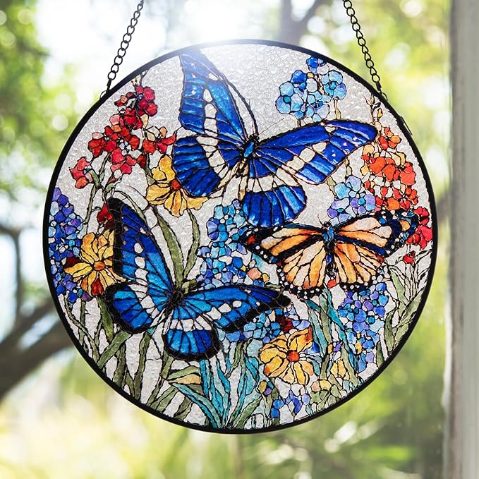 Double Sided Stained Glass Window Hanging, 7.9" Sun Catcher Panel, Green Plant Wall Art for Home & Garden, Unique Gift for Women & Men (Butterflies&Wildflowers, 7.9 Inch)