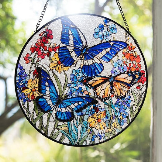 Double Sided Stained Glass Window Hanging, 7.9" Sun Catcher Panel, Green Plant Wall Art for Home & Garden, Unique Gift for Women & Men (Butterflies&Wildflowers, 7.9 Inch)